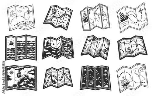 Vintage monochrome folded map set with dotted route, wind rose, guiding star, and stylized waves, designed for navigation, marine travel, exploration, and adventure themed projects