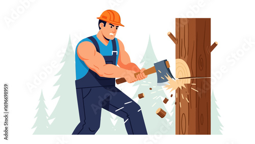 Lumberjack at Work: A strong lumberjack, clad in work attire, forcefully chops at a robust tree trunk with his sharp axe. The image showcases the man's intense physical labor.