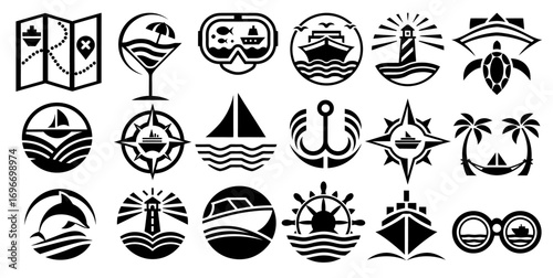 Black and white nautical icons with sailboats, anchors, lighthouses, palm trees, and compasses for marine, travel, navigation, and coastal themed graphic design projects