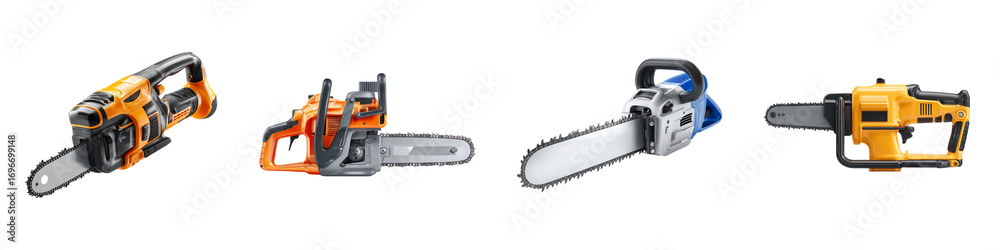 Naklejka premium Various Chainsaws for Different Cutting Needs Professional Tools for Woodworking isolated on transparent background.