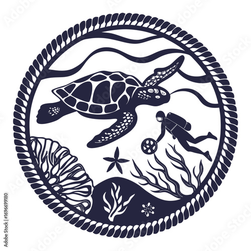 Monochrome vector scuba diver exploring coral reef with sea turtle, enclosed in circular nautical rope frame, marine emblem focused on underwater exploration.
