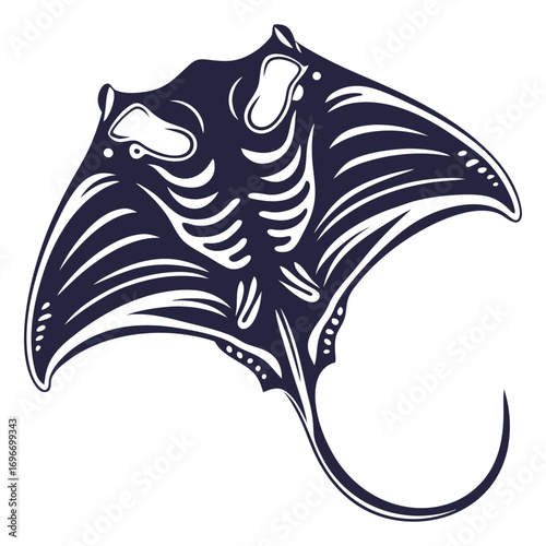 Monochrome vector showing skeletal structure of manta ray, highlighting unique anatomy and cartilaginous framework for educational or scientific use.