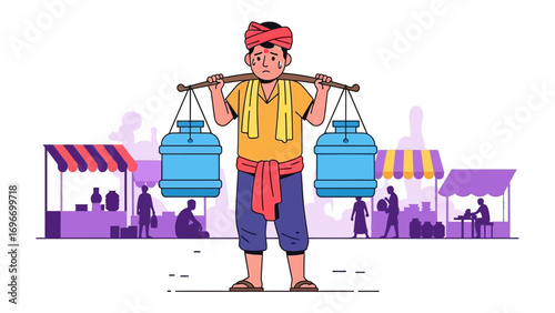 Vendor Carrying Water in Market: A diligent vendor, navigating through a bustling market, shoulders the burden of two water-filled vessels.