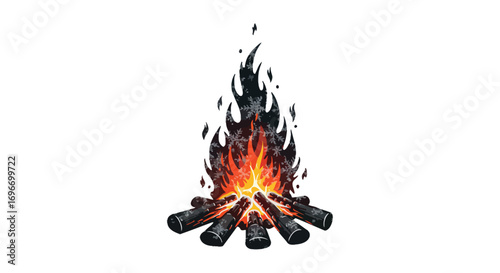 a campfire with burning logs and flames silhouette