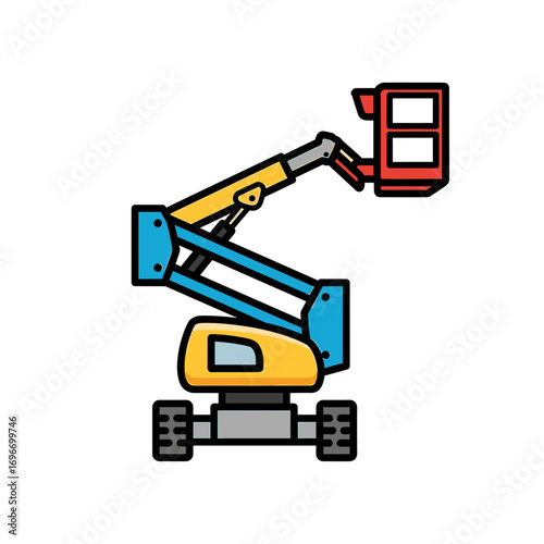Illustration of a boom lift with a raised platform, depicted in bright blue, yellow, and red colors.