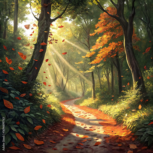Wallpaper Mural Tranquil forest path glowing under sunlight with cascading orange fall leaves, Ai Generated Torontodigital.ca