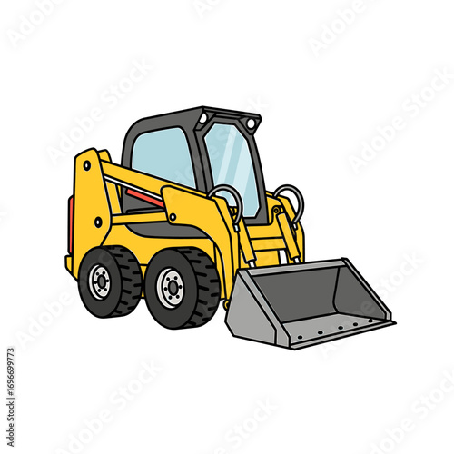 Cartoon illustration of a yellow compact track loader with a gray bucket.