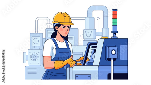 Empowered Engineer in Factory: An illustration of a female engineer focused on her work amidst the industrial backdrop, showcasing determination and professionalism in a modern manufacturing setting.