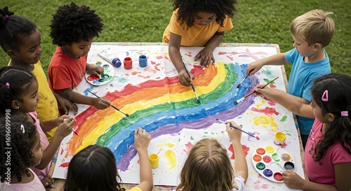 Diverse children collaboratively painting a vibrant rainbow on a large canvas