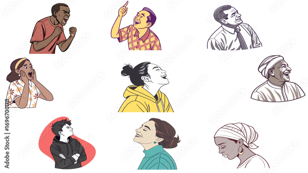 Fototapeta premium Emotional People Silhouette Illustration Set – Diverse Facial Expressions Including Anger, Joy, Stress, Laughter, Shouting, and Calm Reactions for Posters, Editorials, Comics, and Graphic Design.