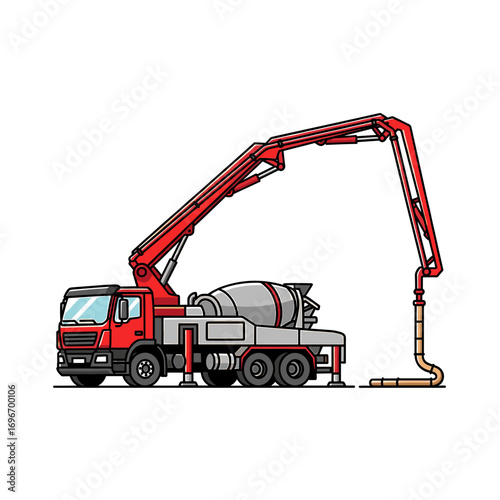 Red concrete pump truck delivering concrete mix for construction.
