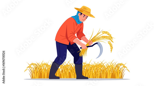 Harvesting Harvest: A farmer, toiling amidst golden fields, skillfully wields a sickle to gather the ripe crops, embodying the timeless dedication of rural labor.