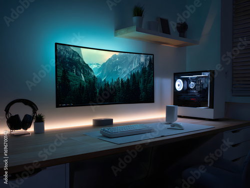 Minimalist gaming desk with single ultrawide monitor, mechanical keyboard, gaming mouse, desktop computer, LED lighting, and modern decor create calm, focused workspace