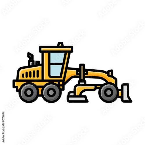 A stylized illustration of a yellow motor grader, a construction vehicle, depicted in a flat design.