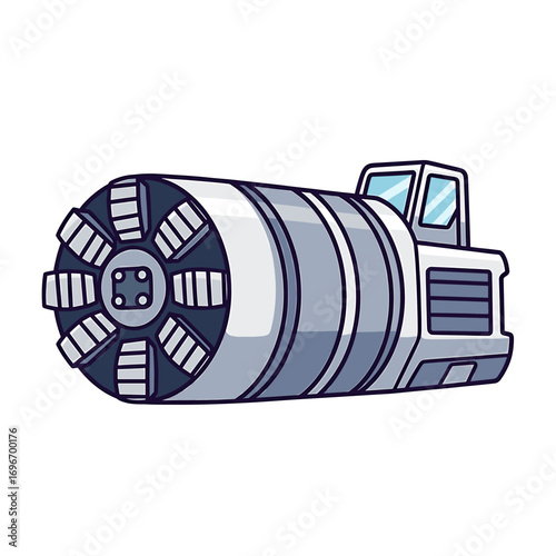 A cartoon illustration of a large, industrial tunnel boring machine, ready to excavate.