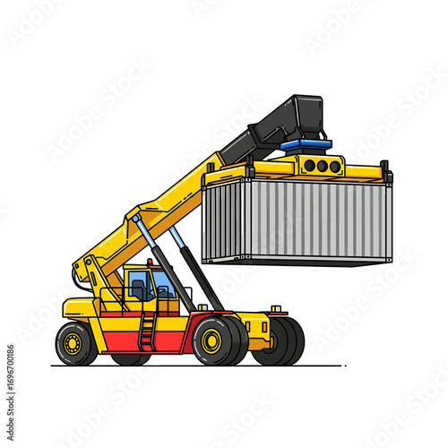 An illustration of a yellow and red reach stacker lifting a gray shipping container against a white background.
