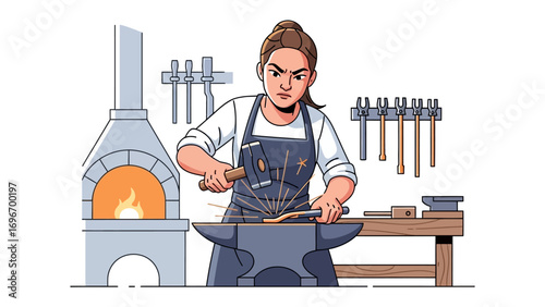 Blacksmith at Work: A determined blacksmith, her focused gaze fixed on the glowing forge, wields her hammer with precision, forging a glowing piece of metal on the anvil.