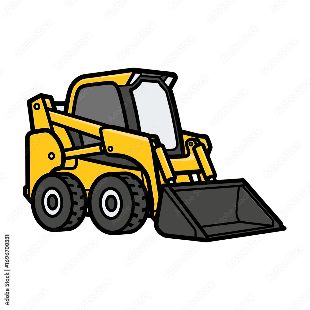 Naklejka premium A cartoon illustration of a yellow skid steer loader, ready for construction work.