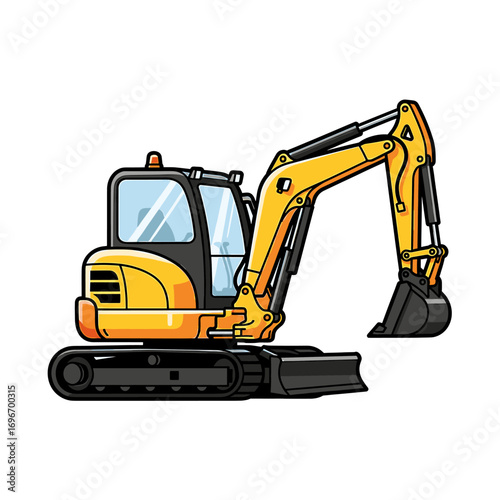 Cartoon illustration of a yellow compact excavator, side view, with detailed features.