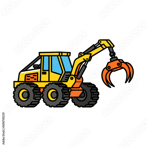 A yellow and orange logging machine with a grapple arm is depicted on a white background.