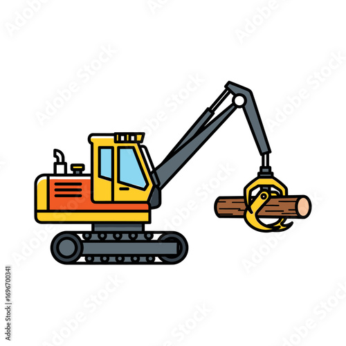 Illustration of a yellow and orange logging machine with a claw holding a log, isolated on white.