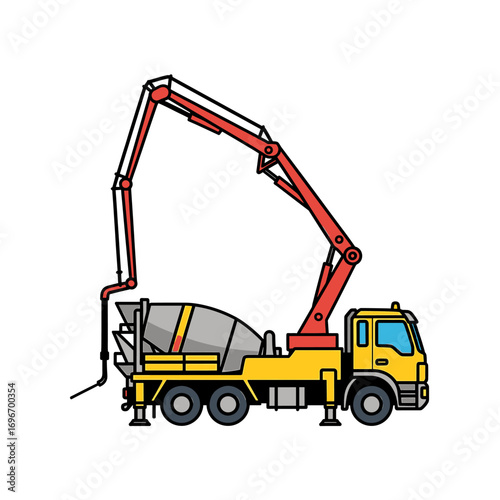 A yellow concrete pump truck,  with a red boom arm,  delivering concrete.