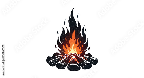 a campfire with glowing embers and dark logs silhouette