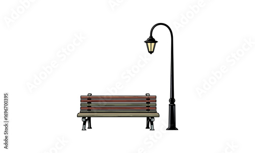 Classic Wooden Park Bench Beside Ornate Black Street Lamp.