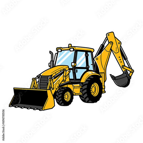 A bright yellow backhoe loader illustration, ready for construction work, isolated.