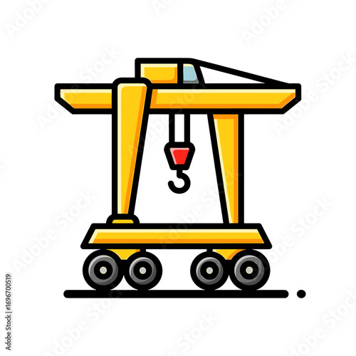 Illustration of a yellow gantry crane with a red hook, standing on wheels.