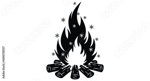 campfire flames glowing brightly with logs and sparks silhouette
