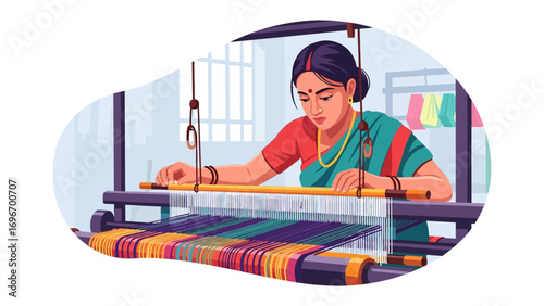 Artisan Weaver at Work: An artisan meticulously weaves a vibrant fabric on a traditional loom, embodying the timeless craft and skill, bringing the threads to life in the image of art