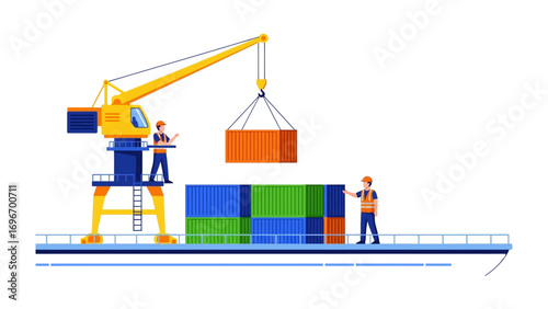 Loading and Unloading Operation: An illustrative depiction of a cargo ship being loaded and unloaded using a crane and cargo container.