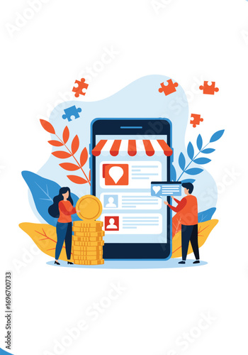 Digital marketplace mobile app featuring online shopping and business opportunities