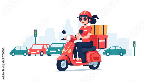 Delivery Rider's Ride: A cheerful rider, navigating city traffic on a retro scooter, effortlessly transports a package, embodying modern convenience and efficiency. 