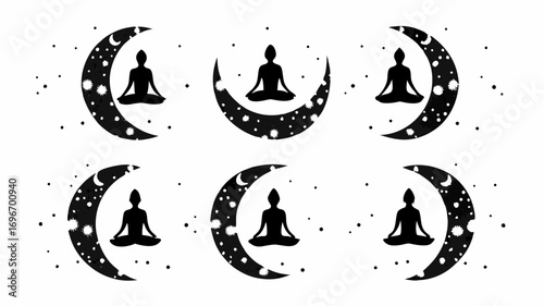Meditating figures on crescent moons with stars