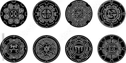 set of Manhole Sewer Cover Black Symbol – Round Urban Utility Lid Vector Illustration Isolated on White
