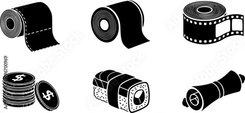 set of Roll Icon Vector – Black Symbol of Rolled Material, Paper, Fabric, Carpet, or Tape Isolated on White Background