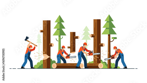 Lumberjack at Work: A team of diligent lumberjack with axe and chainsaw, cutting and felling trees, and building wood logs in a lush green forest. Emphasizing teamwork and industry expertise.
