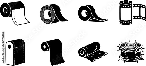 set of Roll Icon Vector – Black Symbol of Rolled Material, Paper, Fabric, Carpet, or Tape Isolated on White Background