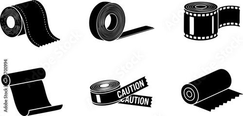 set of Roll Icon Vector – Black Symbol of Rolled Material, Paper, Fabric, Carpet, or Tape Isolated on White Background