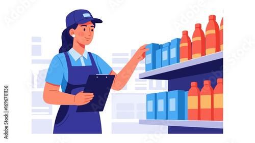 Stocking the Shelves: A dedicated staff member is efficiently stocking shelves, ensuring that customers have access to the products they need in this brightly lit store setting.