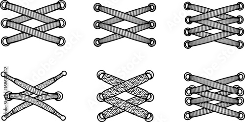 set of Vector Shoelace Seamless Pattern Icons – Black Shoe Lace Symbols and Textile Design Elements Isolated on White Background
