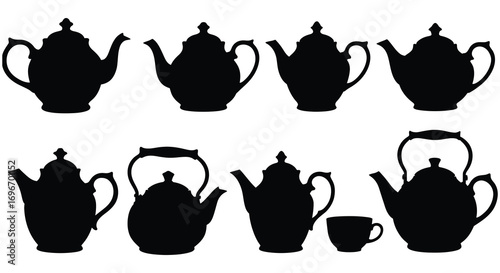 a row of teapots and cups displayed in silhouette