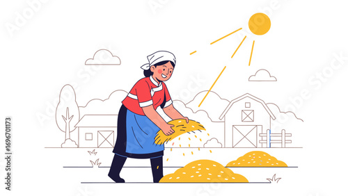 Farm Worker Harvesting Grains under Sunshine: Depicts a farm worker, bent in labor, gathering golden grains under the radiant sun, illustrating the honest toil of farm life.