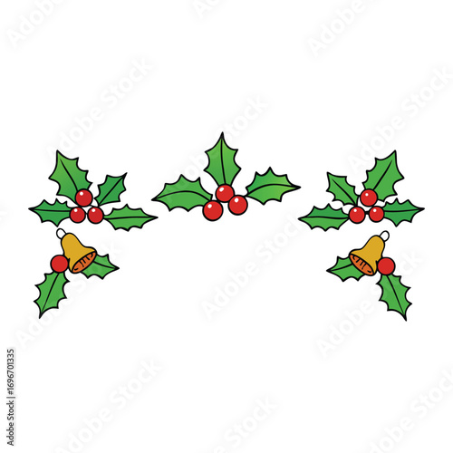A festive Christmas border adorned with holly leaves and a golden bell, symbolizing holiday cheer, warmth, and joy—perfect for seasonal designs and celebrations.
