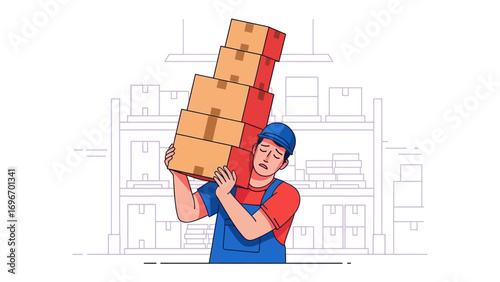 Delivery worker at warehouse: An animated illustration depicts a diligent delivery worker, straining under the weight of stacked cardboard boxes in a warehouse setting.