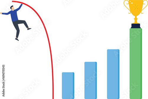 Businessman jumps pole vault over graph bars flat style design vector illustration business concept. Business growth and goal achievement concept.

