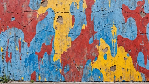 Closeup of Weathered Abstract Mural with Red, Blue, and Yellow Paint