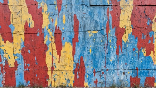 Closeup of Weathered Abstract Mural with Red, Blue, and Yellow Paint